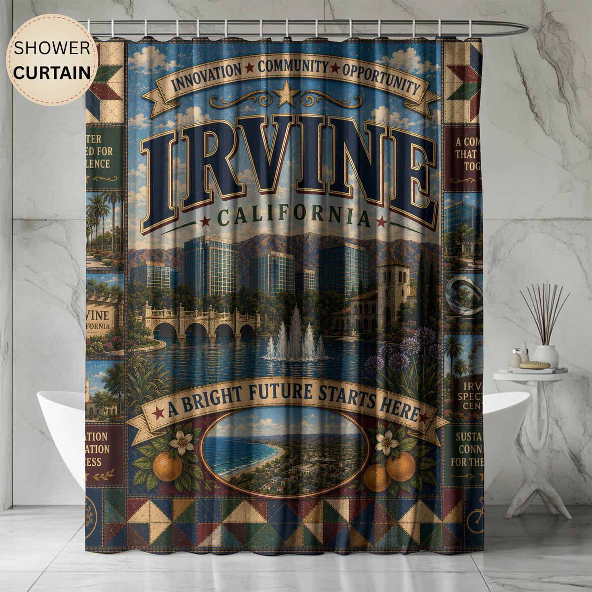 Irvine California Shower Curtain Bright Future Faux Patchwork Innovation City Landmark Bathroom Deco