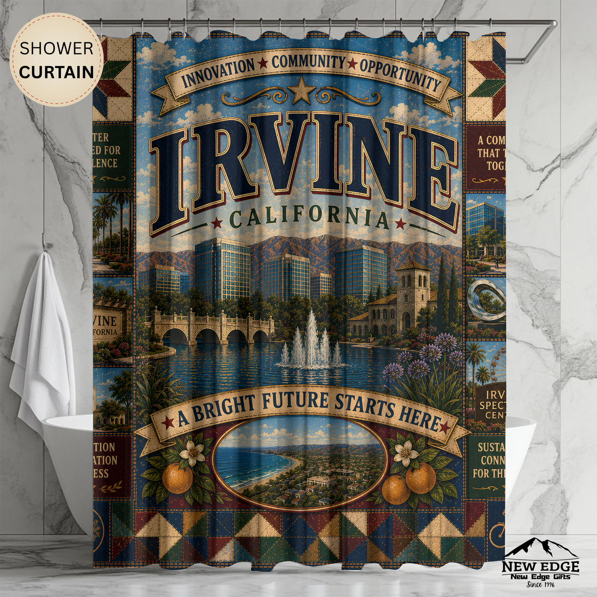 Irvine California Shower Curtain Bright Future Faux Patchwork Innovation City Landmark Bathroom Deco