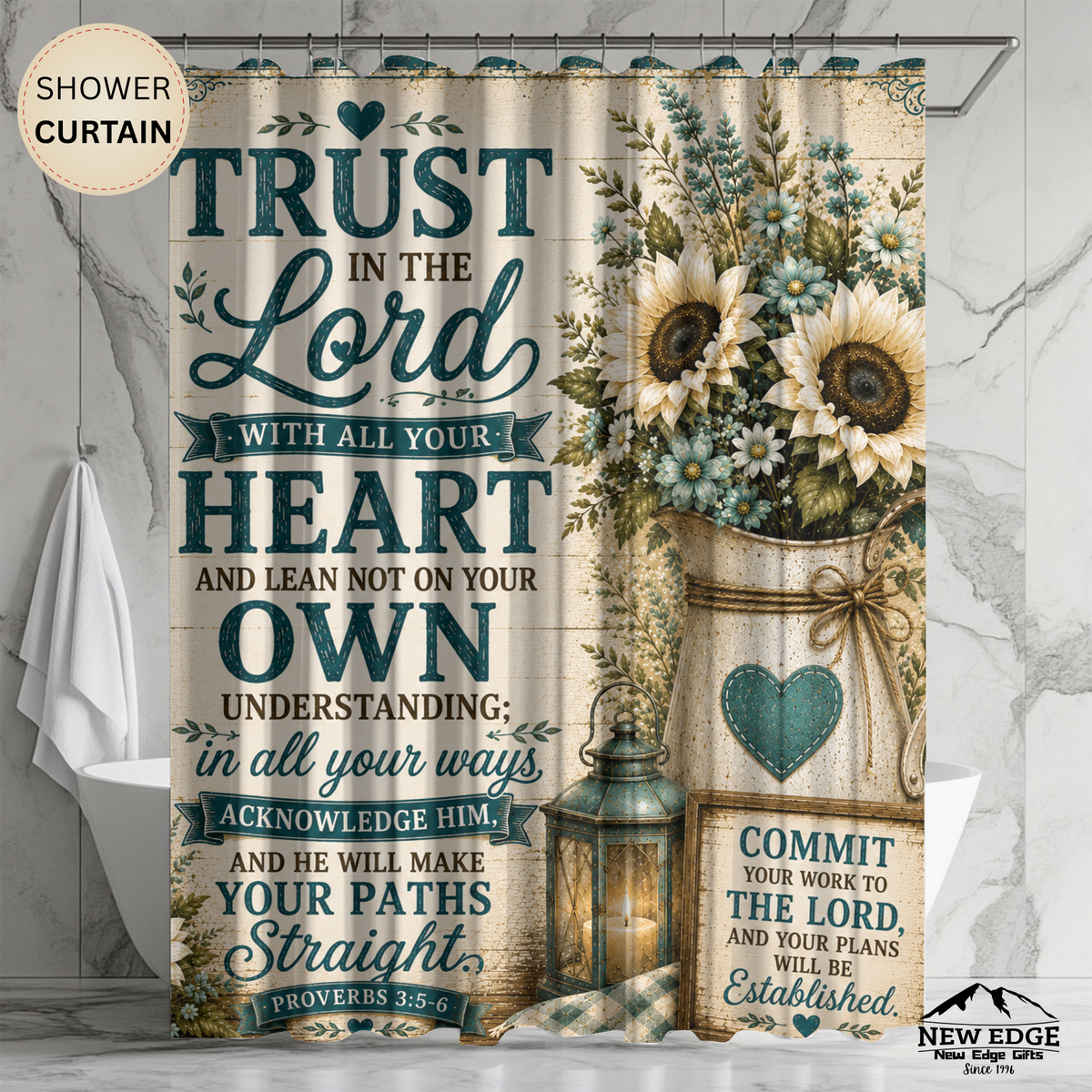 Trust in the Lord Shower Curtain | Sunflower Rustic Faith Bathroom Decor