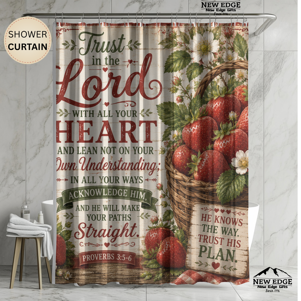 Strawberry Christian Shower Curtain Trust in the Lord Proverbs 3 5 6 Farmhouse Faith Bathroom Decor