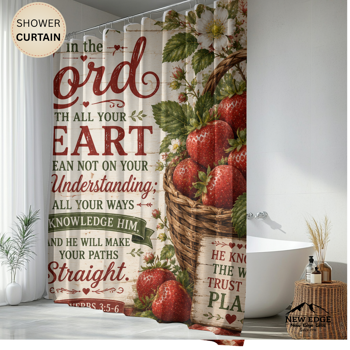 Strawberry Christian Shower Curtain Trust in the Lord Proverbs 3 5 6 Farmhouse Faith Bathroom Decor