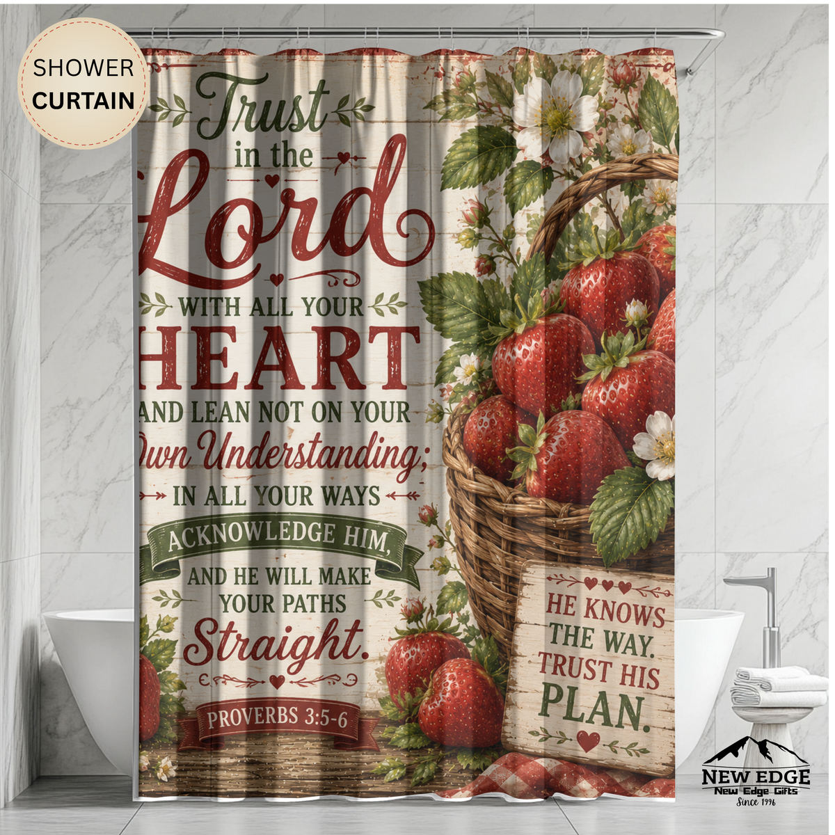 Strawberry Christian Shower Curtain Trust in the Lord Proverbs 3 5 6 Farmhouse Faith Bathroom Decor