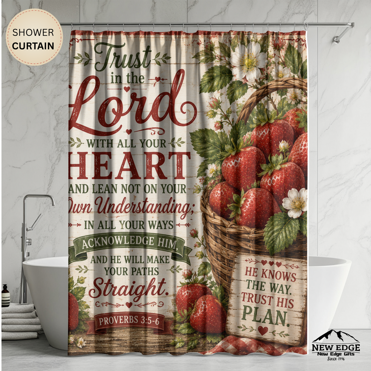 Strawberry Christian Shower Curtain Trust in the Lord Proverbs 3 5 6 Farmhouse Faith Bathroom Decor