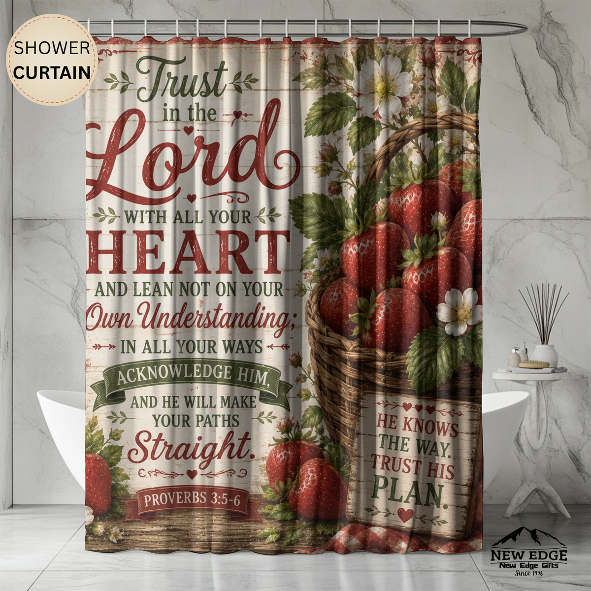 Strawberry Christian Shower Curtain Trust in the Lord Proverbs 3 5 6 Farmhouse Faith Bathroom Decor