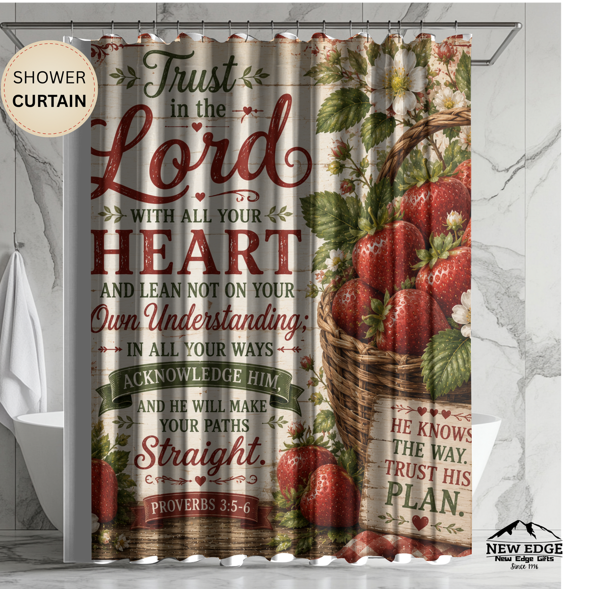 Strawberry Christian Shower Curtain Trust in the Lord Proverbs 3 5 6 Farmhouse Faith Bathroom Decor