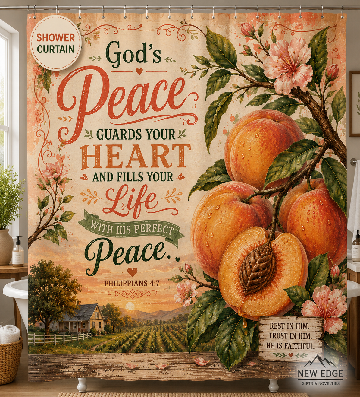 Peach Christian Shower Curtain Gods Peace Guards Your Heart Philippians 4 7 Farmhouse Faith Bathroom Decor