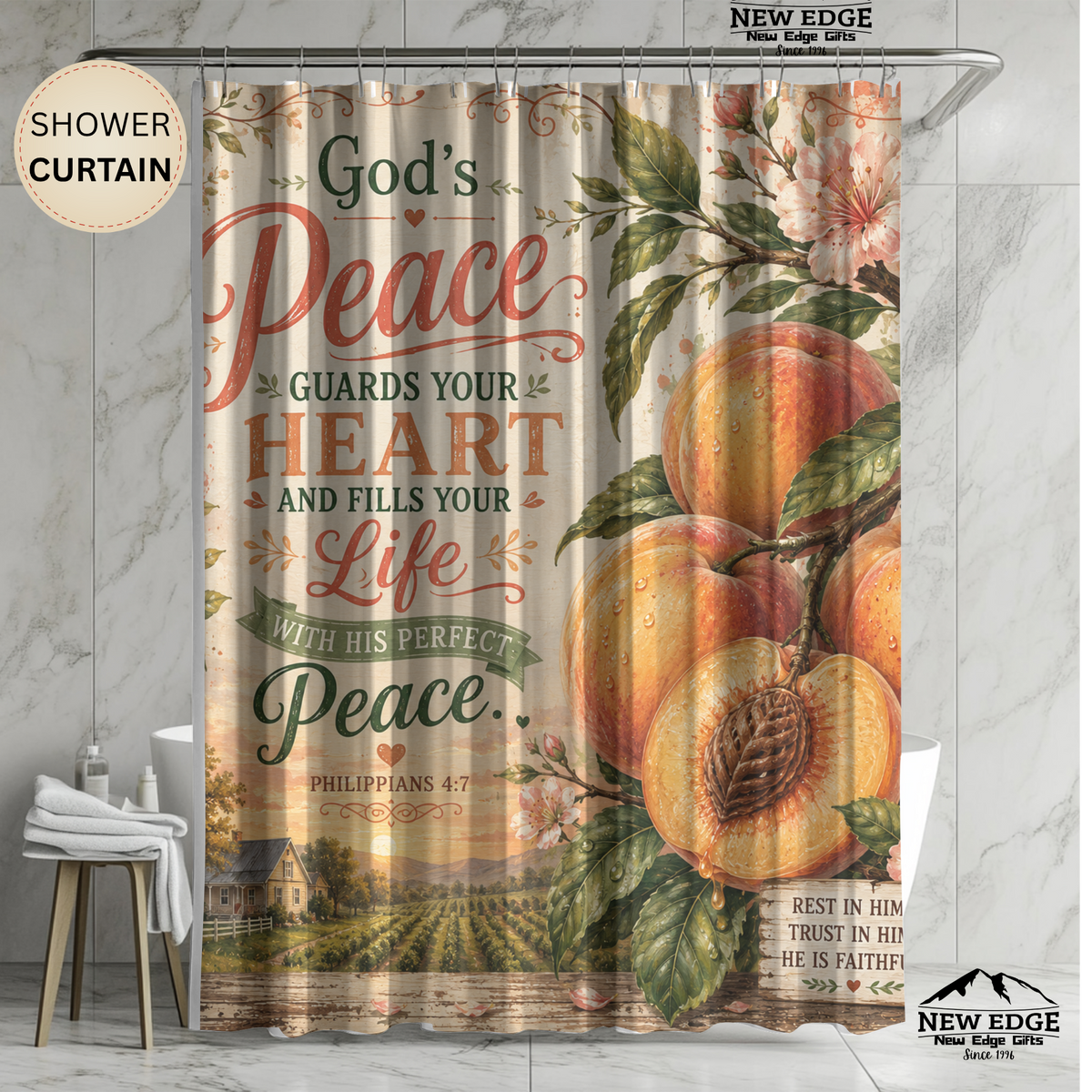 Peach Christian Shower Curtain Gods Peace Guards Your Heart Philippians 4 7 Farmhouse Faith Bathroom Decor