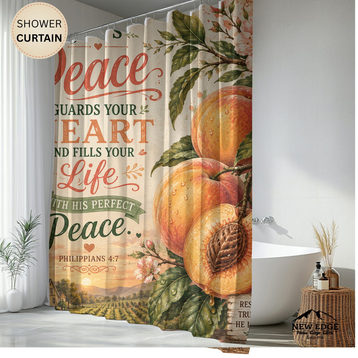 Peach Christian Shower Curtain Gods Peace Guards Your Heart Philippians 4 7 Farmhouse Faith Bathroom Decor