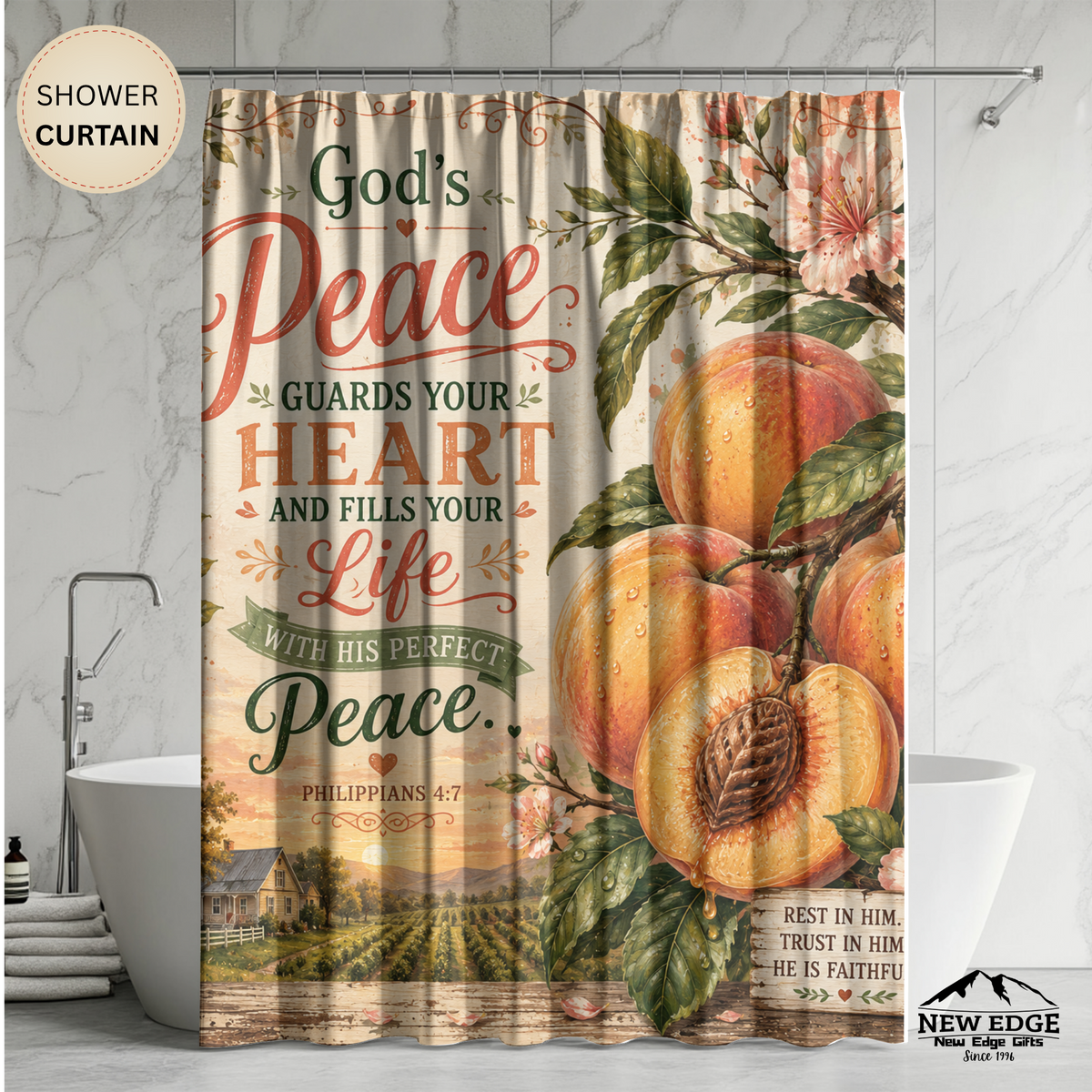 Peach Christian Shower Curtain Gods Peace Guards Your Heart Philippians 4 7 Farmhouse Faith Bathroom Decor