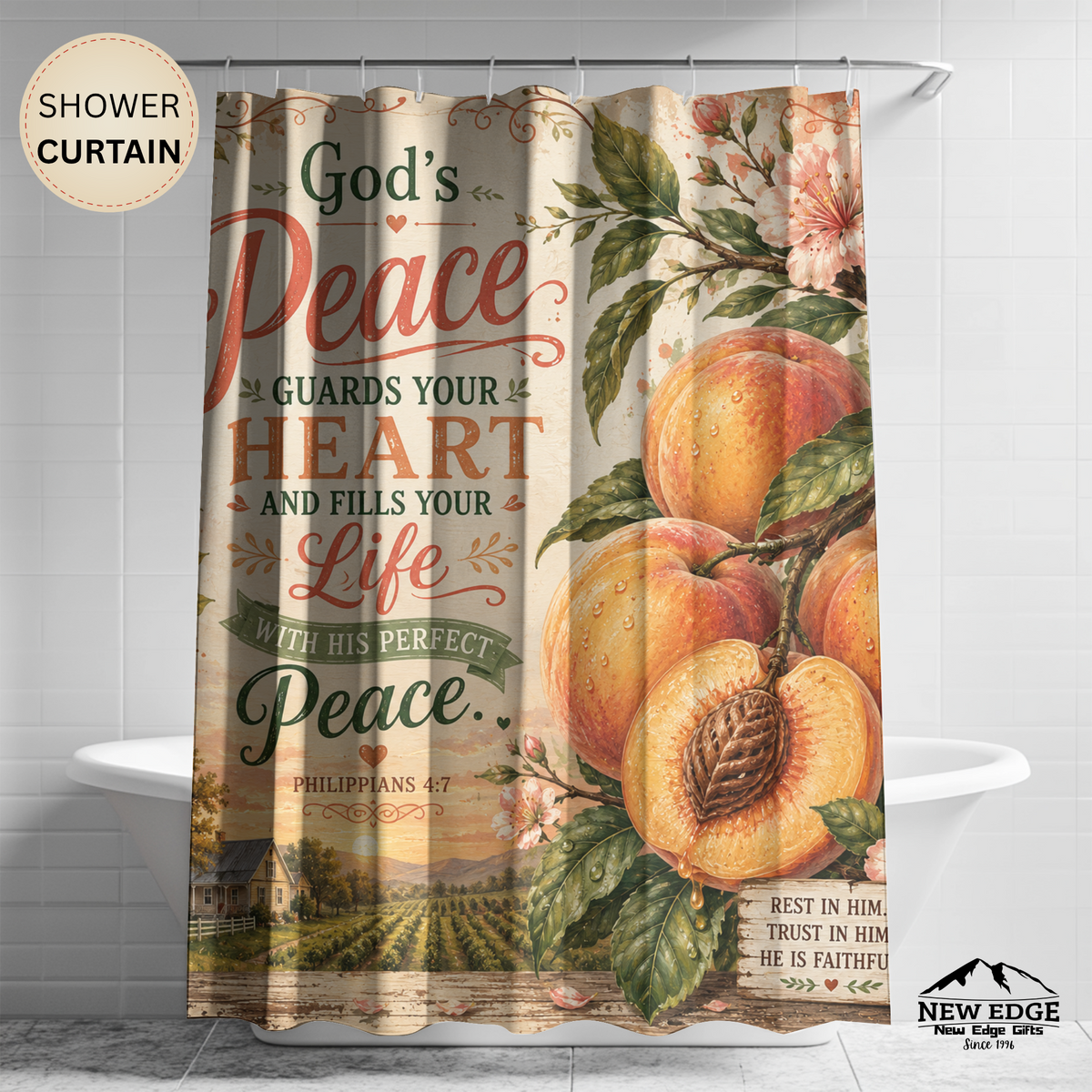Peach Christian Shower Curtain Gods Peace Guards Your Heart Philippians 4 7 Farmhouse Faith Bathroom Decor