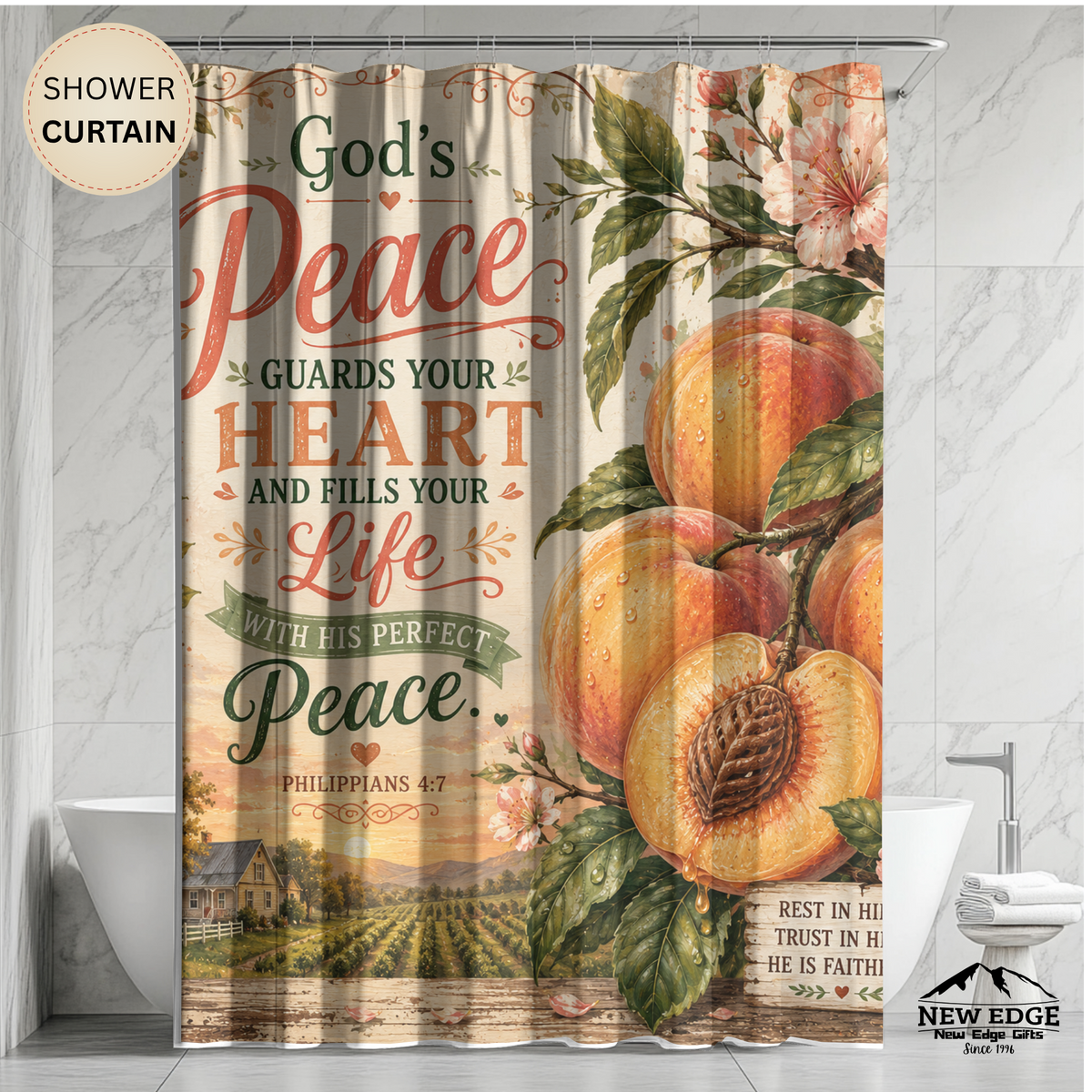 Peach Christian Shower Curtain Gods Peace Guards Your Heart Philippians 4 7 Farmhouse Faith Bathroom Decor