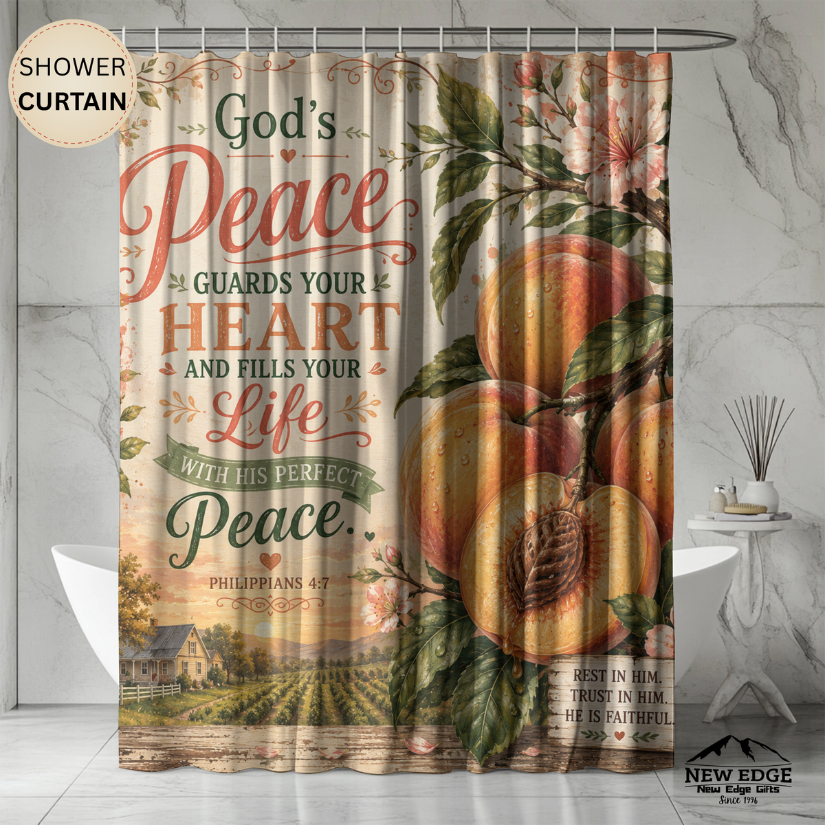 Peach Christian Shower Curtain Gods Peace Guards Your Heart Philippians 4 7 Farmhouse Faith Bathroom Decor
