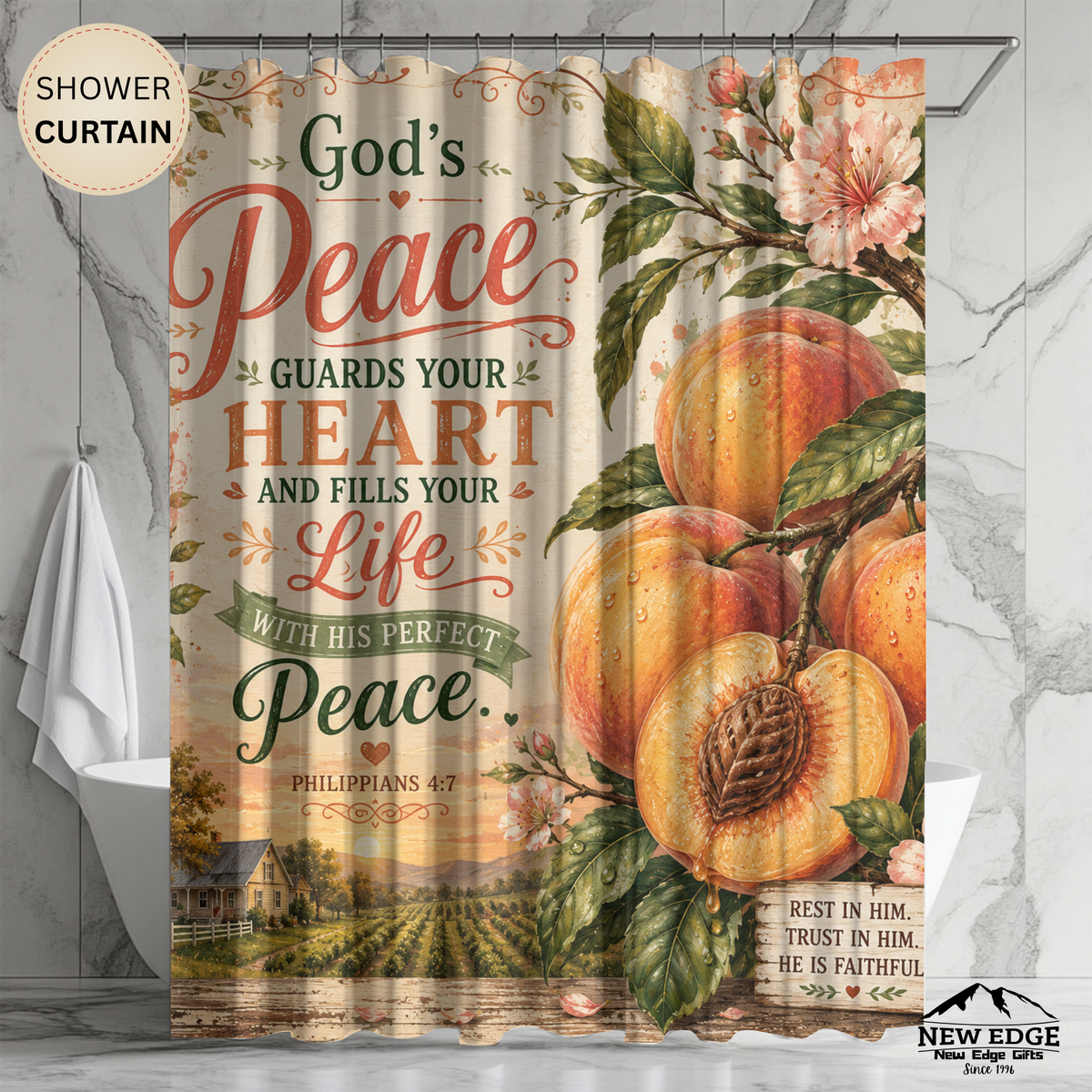 Peach Christian Shower Curtain Gods Peace Guards Your Heart Philippians 4 7 Farmhouse Faith Bathroom Decor