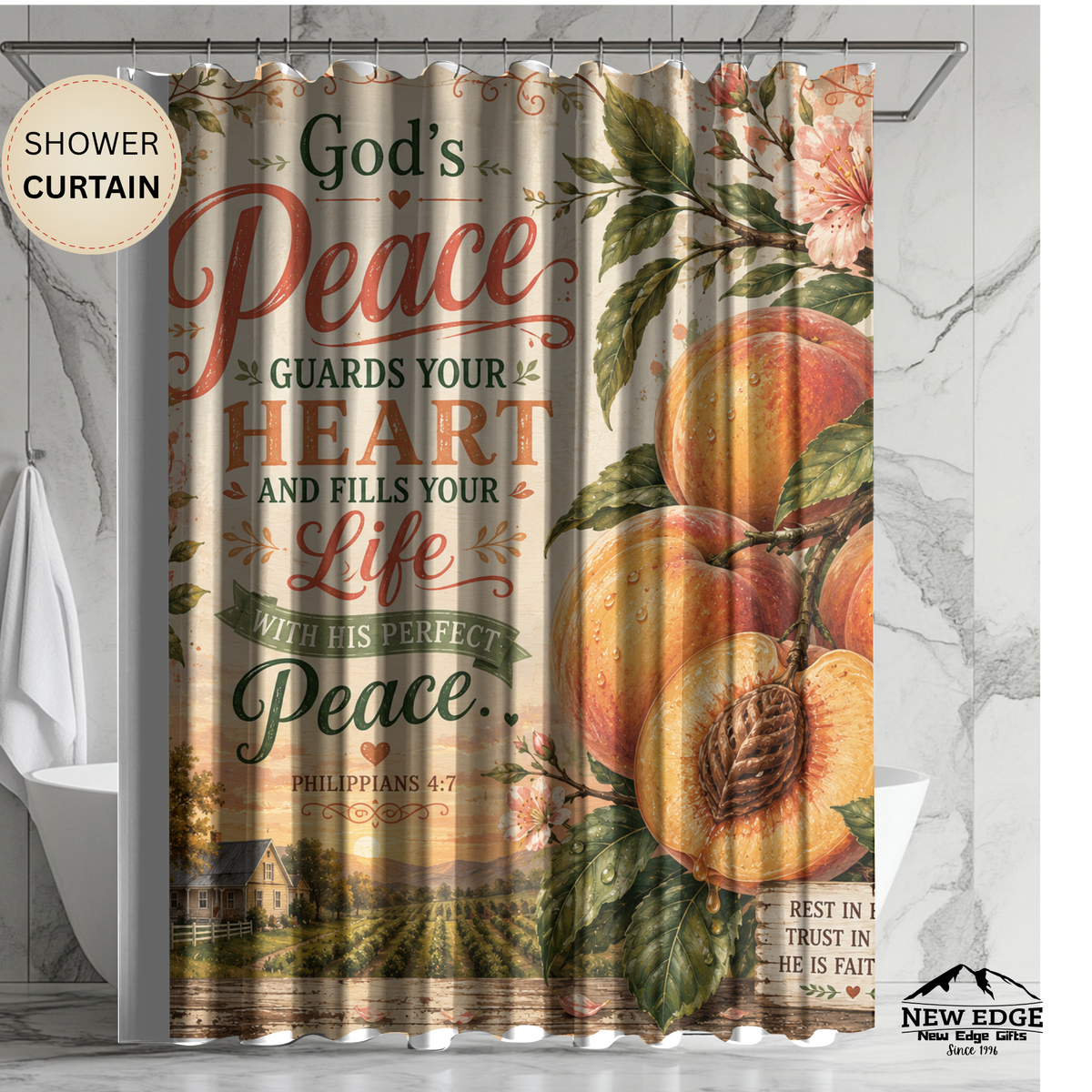 Peach Christian Shower Curtain Gods Peace Guards Your Heart Philippians 4 7 Farmhouse Faith Bathroom Decor