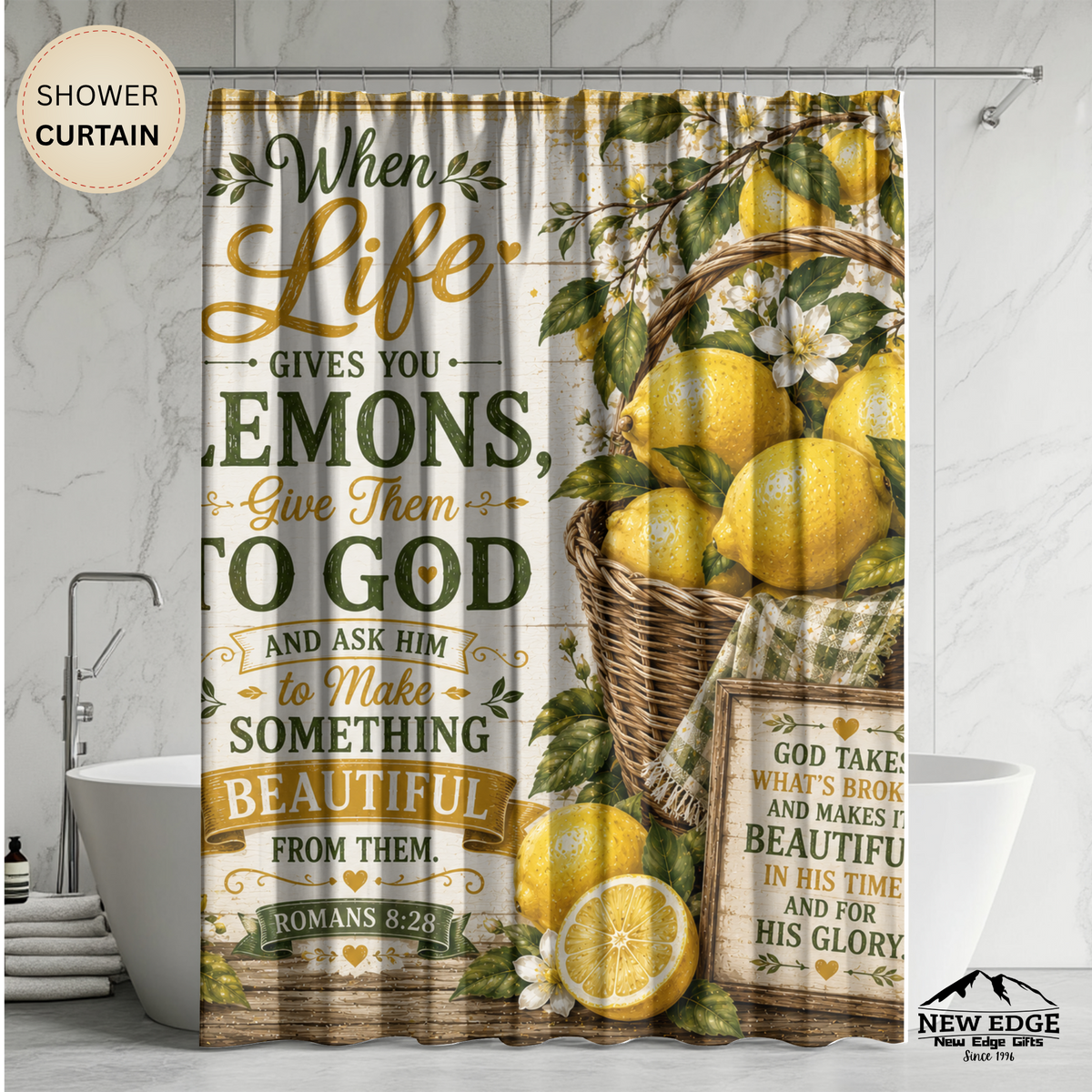Lemon Christian Shower Curtain When Life Gives You Lemons Give Them to God Romans 8 28 Farmhouse Faith Decor