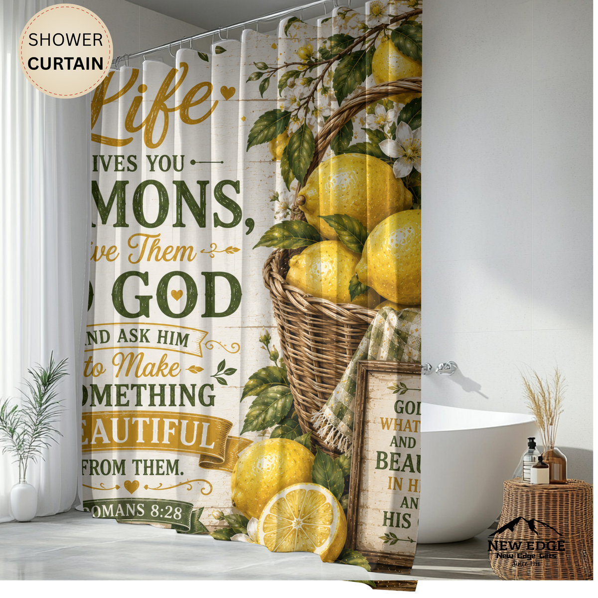Lemon Christian Shower Curtain When Life Gives You Lemons Give Them to God Romans 8 28 Farmhouse Faith Decor