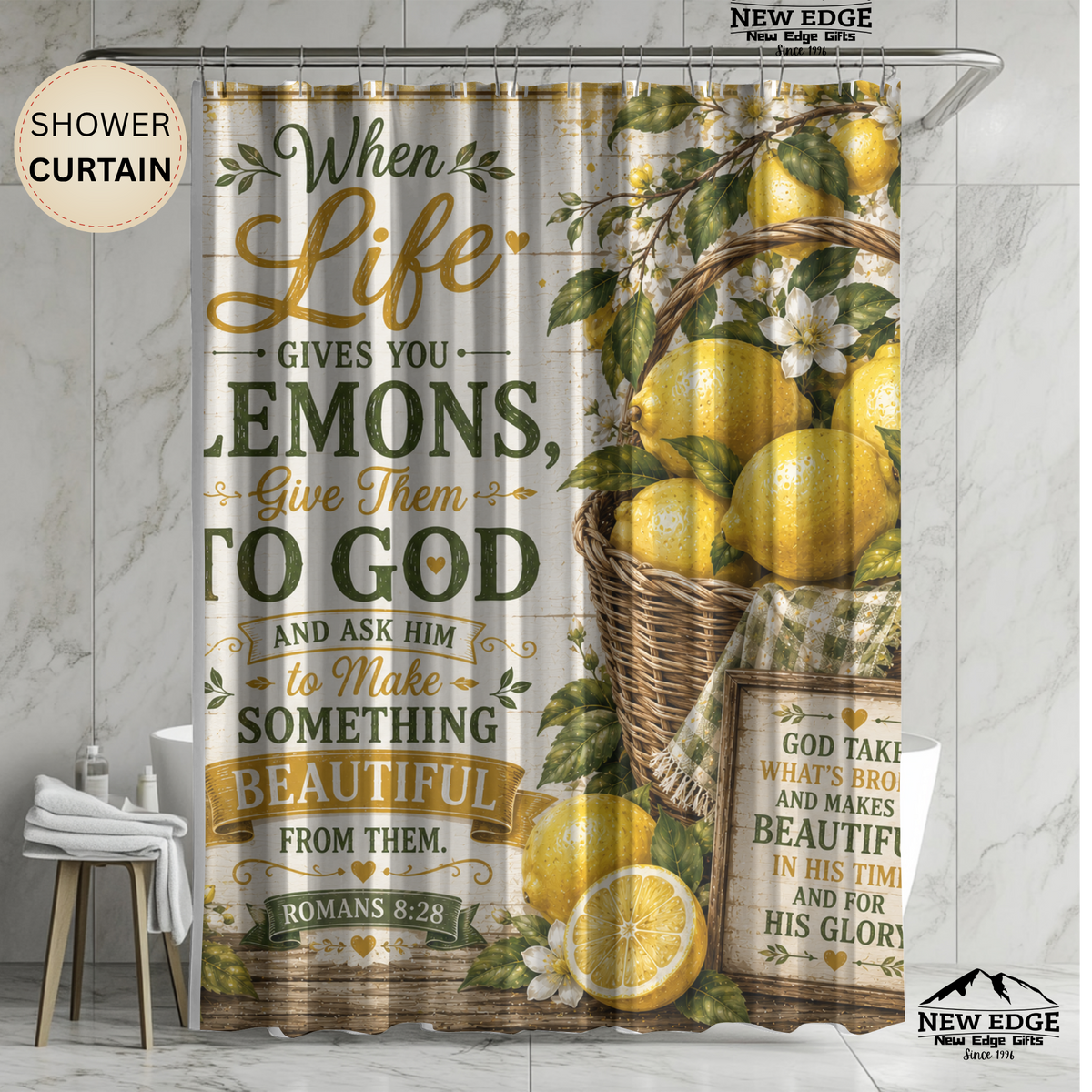 Lemon Christian Shower Curtain When Life Gives You Lemons Give Them to God Romans 8 28 Farmhouse Faith Decor