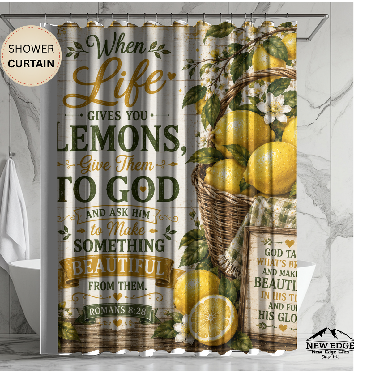 Lemon Christian Shower Curtain When Life Gives You Lemons Give Them to God Romans 8 28 Farmhouse Faith Decor