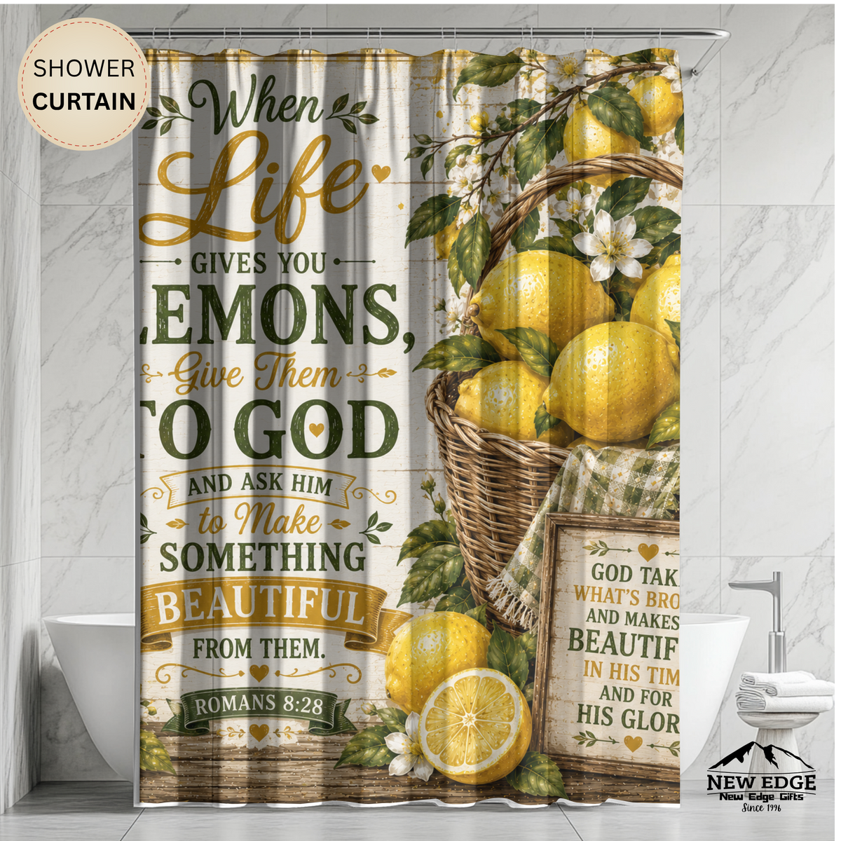 Lemon Christian Shower Curtain When Life Gives You Lemons Give Them to God Romans 8 28 Farmhouse Faith Decor