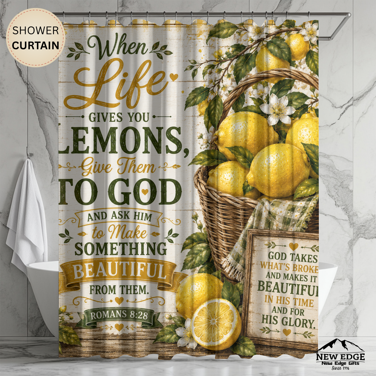 Lemon Christian Shower Curtain When Life Gives You Lemons Give Them to God Romans 8 28 Farmhouse Faith Decor
