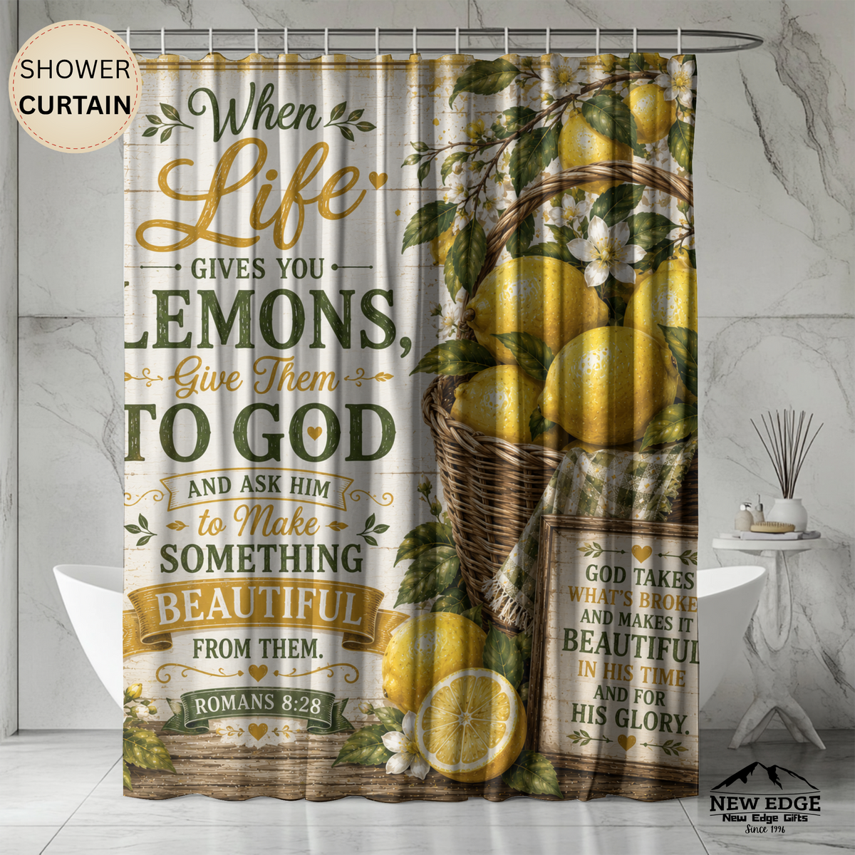 Lemon Christian Shower Curtain When Life Gives You Lemons Give Them to God Romans 8 28 Farmhouse Faith Decor