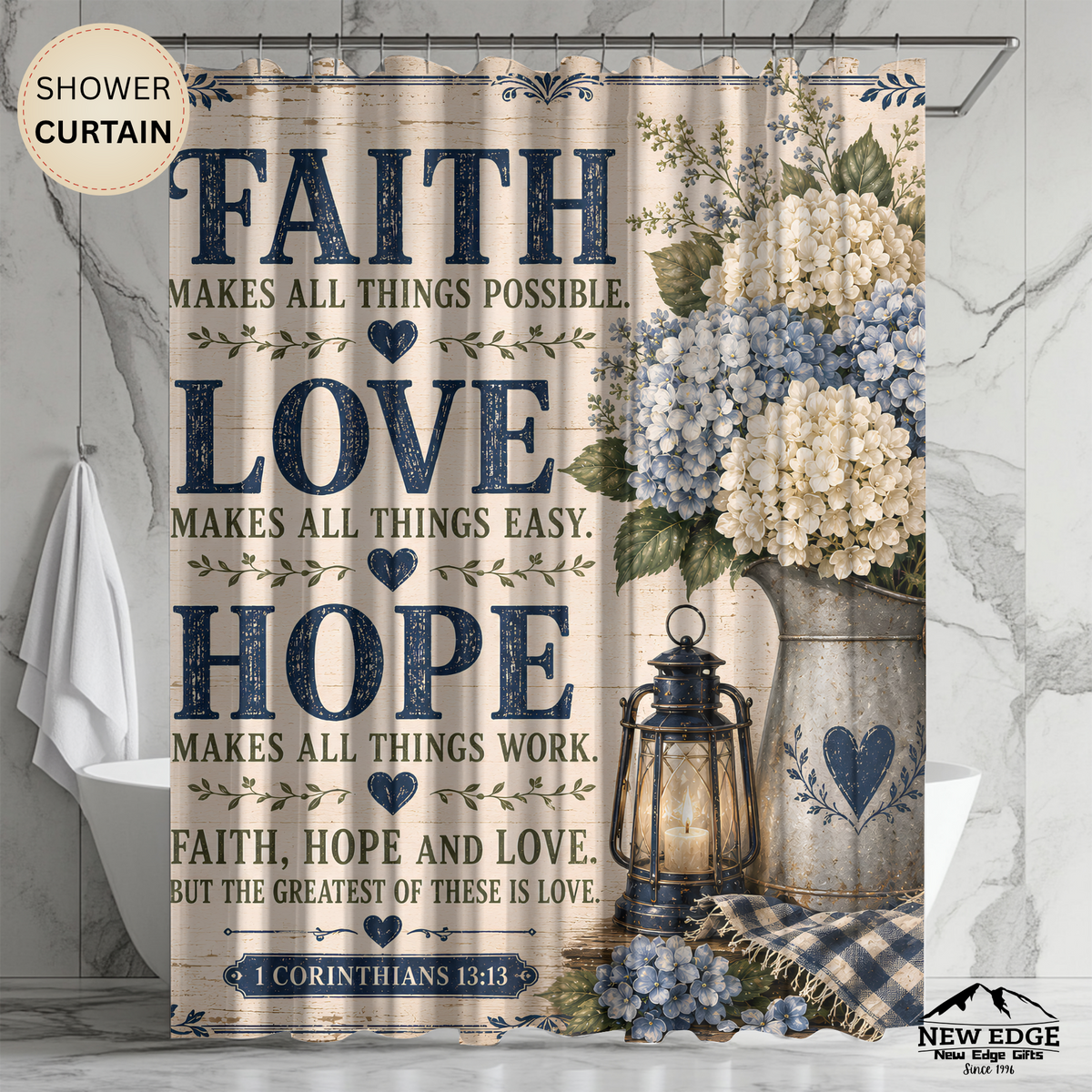 Faith Love Hope Christian Shower Curtain 1 Corinthians 13 13 Blue Hydrangea Farmhouse Bathroom Decor
