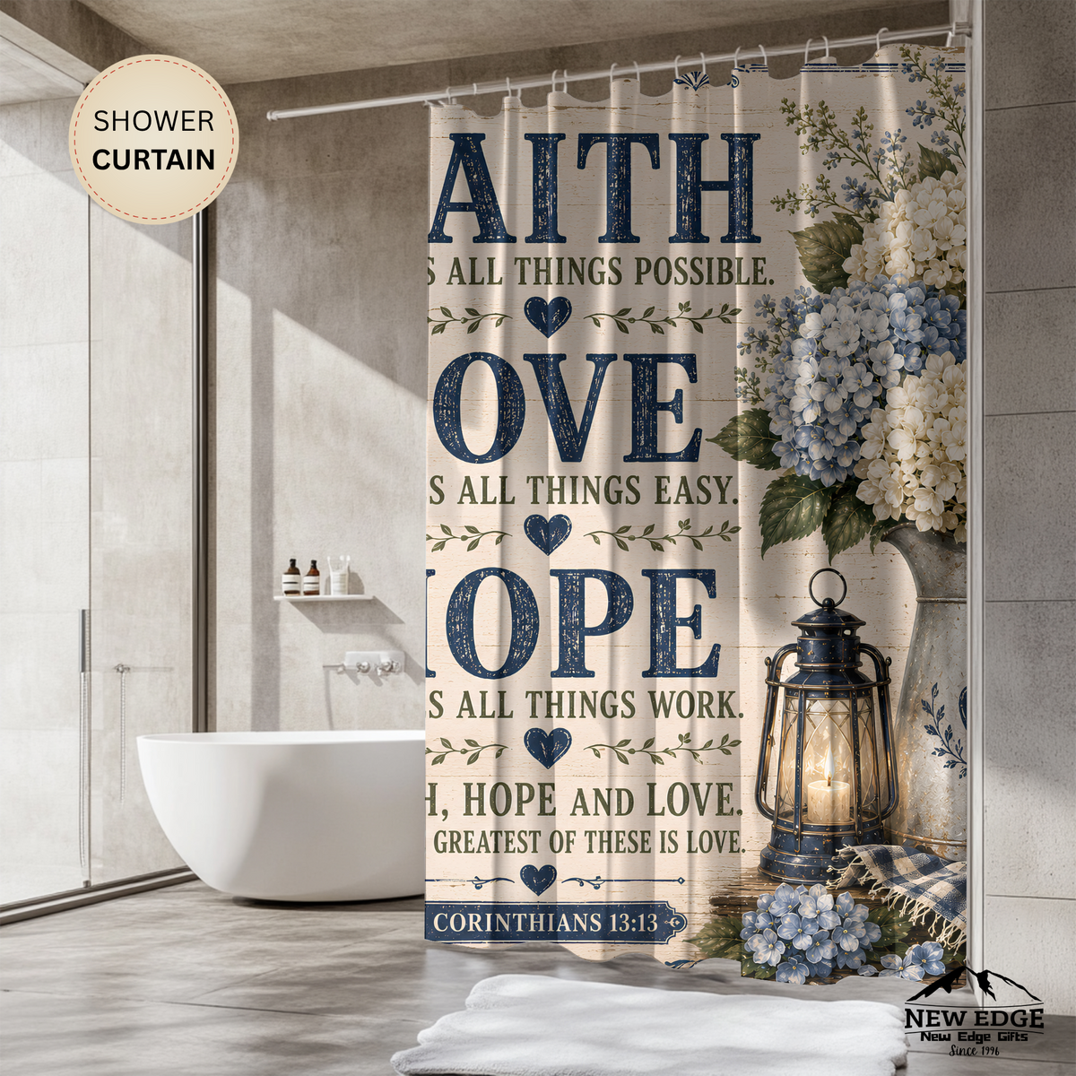 Faith Love Hope Christian Shower Curtain 1 Corinthians 13 13 Blue Hydrangea Farmhouse Bathroom Decor