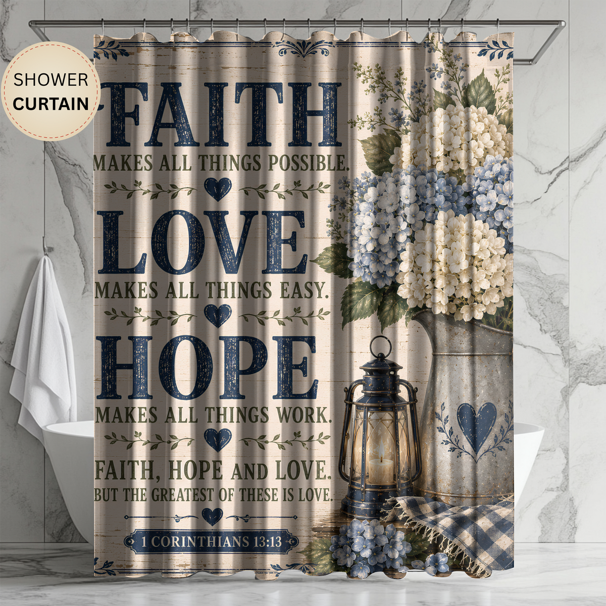 Faith Love Hope Christian Shower Curtain 1 Corinthians 13 13 Blue Hydrangea Farmhouse Bathroom Decor