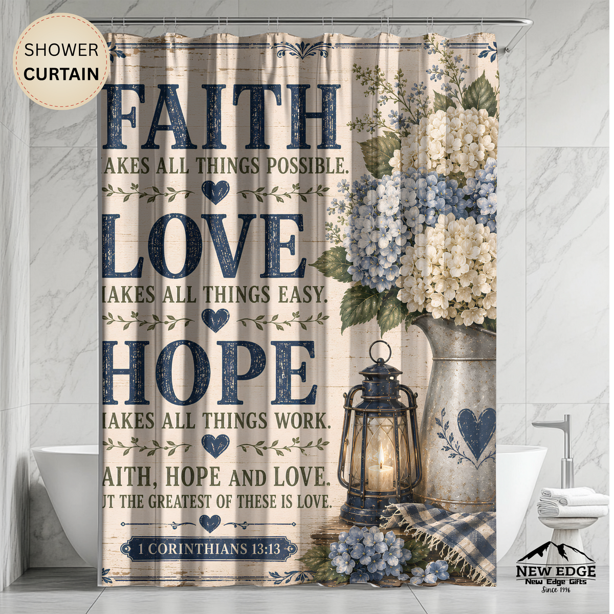 Faith Love Hope Christian Shower Curtain 1 Corinthians 13 13 Blue Hydrangea Farmhouse Bathroom Decor