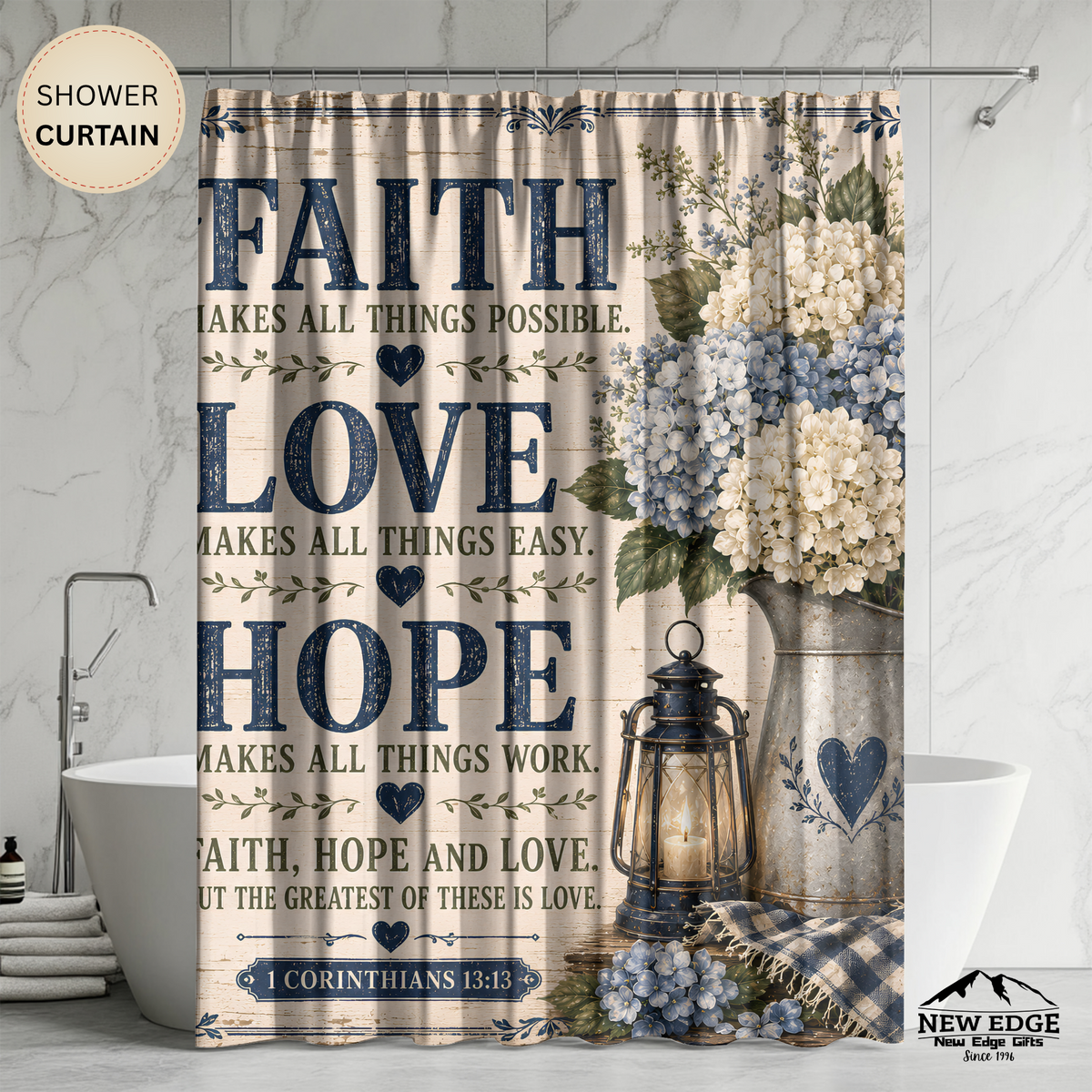 Faith Love Hope Christian Shower Curtain 1 Corinthians 13 13 Blue Hydrangea Farmhouse Bathroom Decor