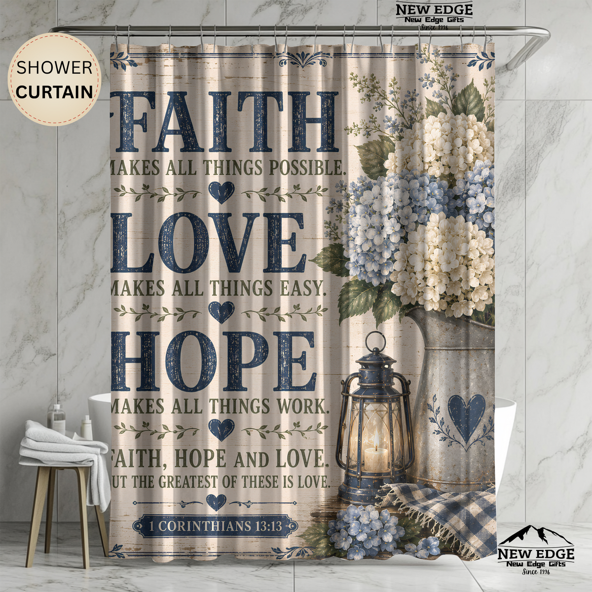 Faith Love Hope Christian Shower Curtain 1 Corinthians 13 13 Blue Hydrangea Farmhouse Bathroom Decor