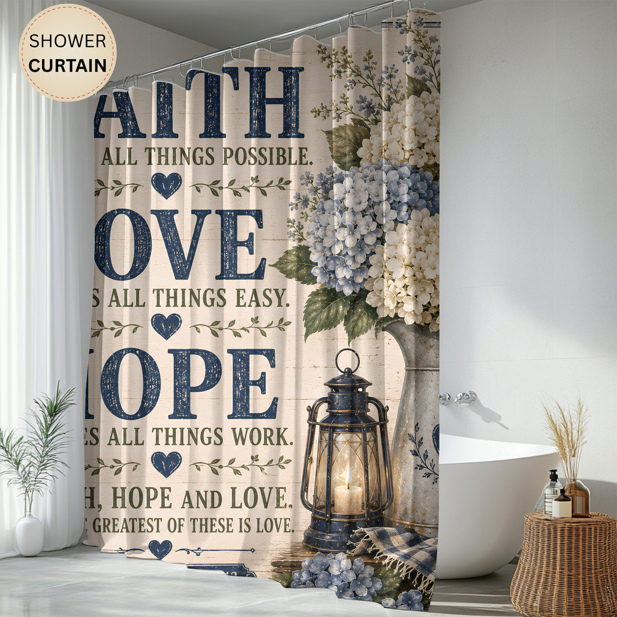 Faith Love Hope Christian Shower Curtain 1 Corinthians 13 13 Blue Hydrangea Farmhouse Bathroom Decor