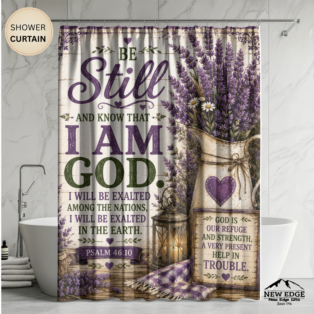 Be Still and Know Christian Shower Curtain Psalm 46 10 Lavender Farmhouse Faith Bathroom Decor