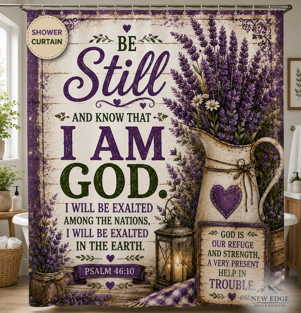 Be Still and Know Christian Shower Curtain Psalm 46 10 Lavender Farmhouse Faith Bathroom Decor