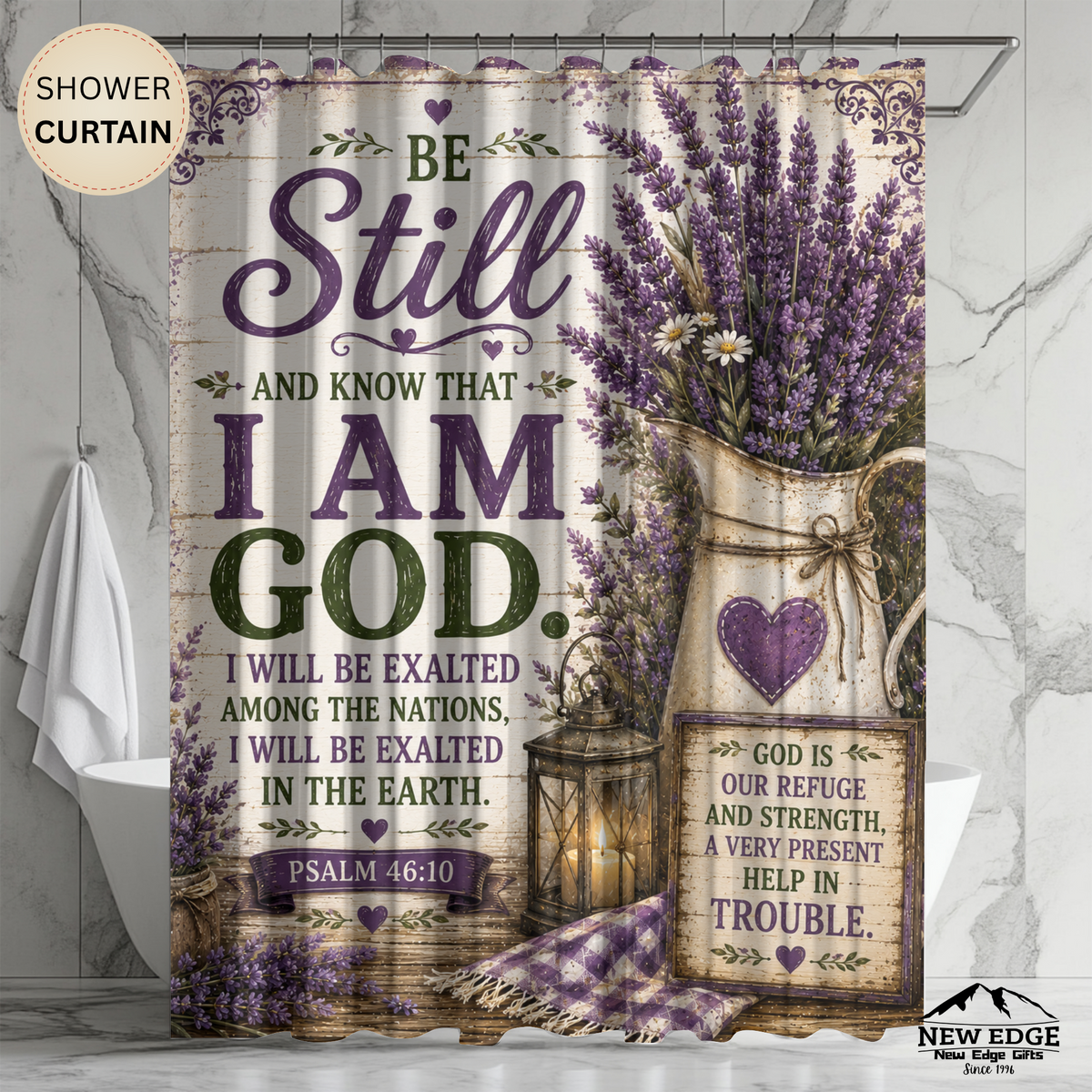 Be Still and Know Christian Shower Curtain Psalm 46 10 Lavender Farmhouse Faith Bathroom Decor