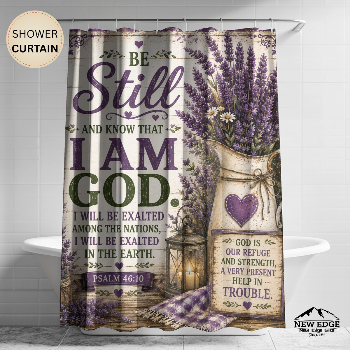 Be Still and Know Christian Shower Curtain Psalm 46 10 Lavender Farmhouse Faith Bathroom Decor