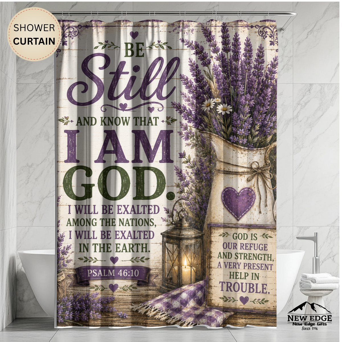 Be Still and Know Christian Shower Curtain Psalm 46 10 Lavender Farmhouse Faith Bathroom Decor