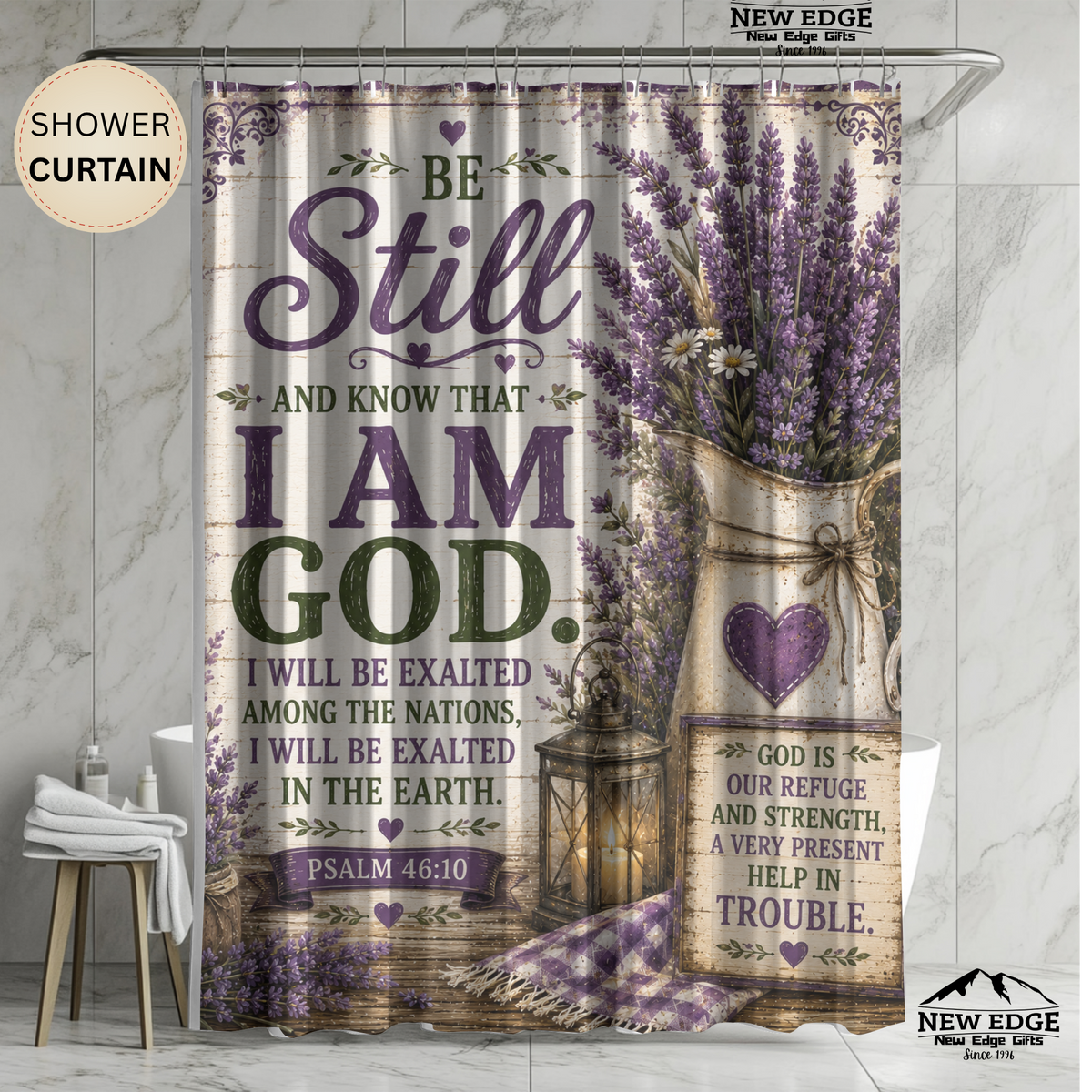 Be Still and Know Christian Shower Curtain Psalm 46 10 Lavender Farmhouse Faith Bathroom Decor