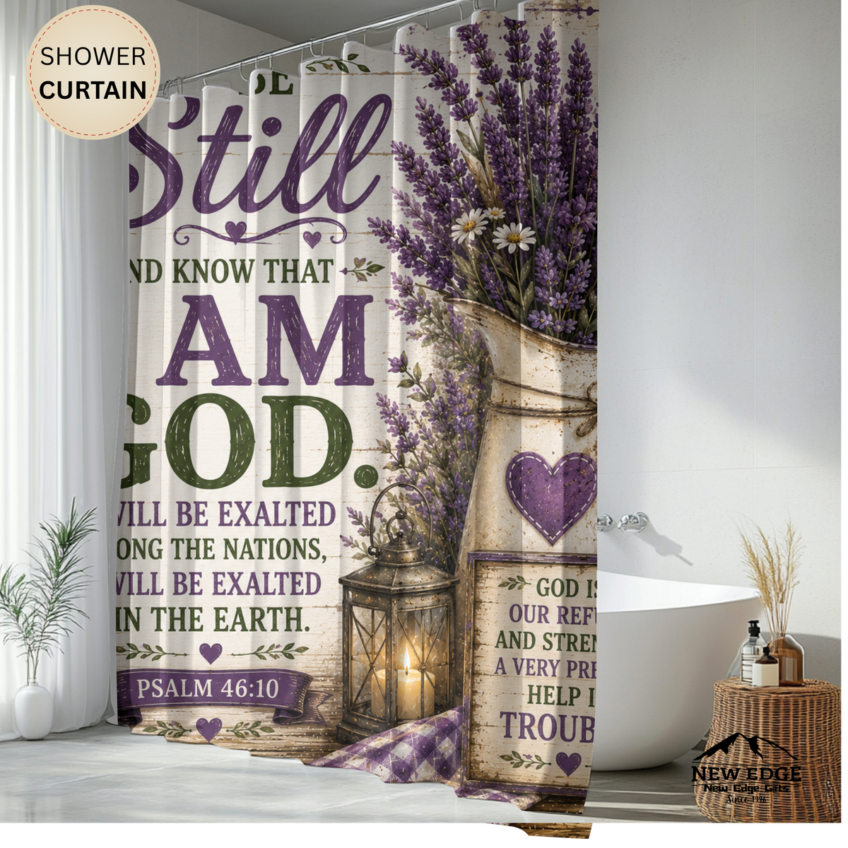 Be Still and Know Christian Shower Curtain Psalm 46 10 Lavender Farmhouse Faith Bathroom Decor