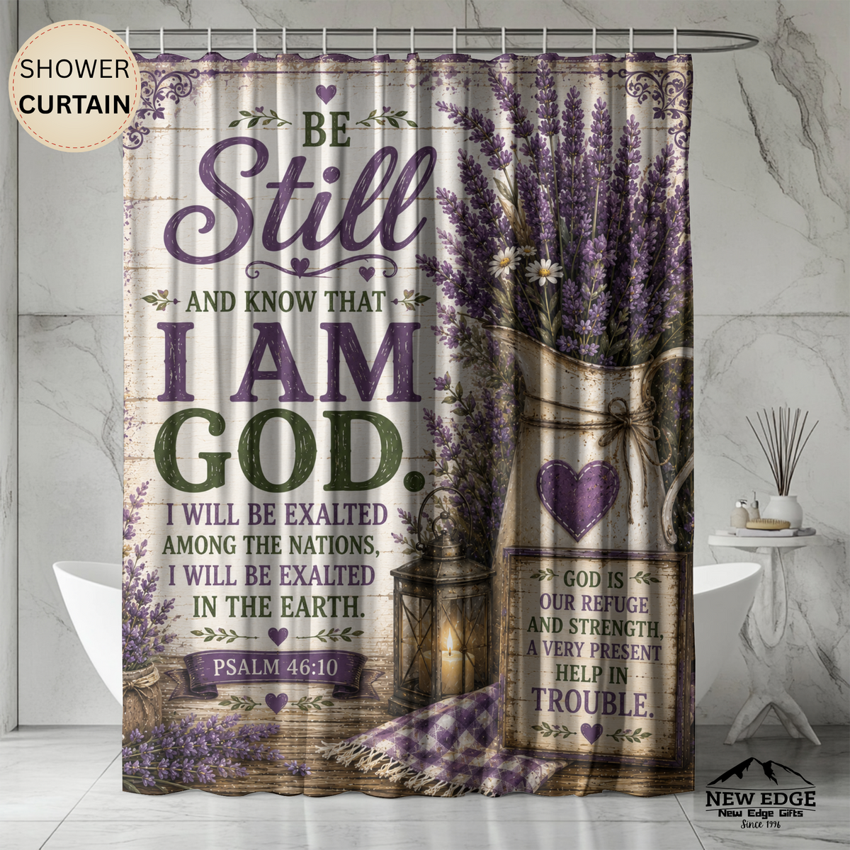 Be Still and Know Christian Shower Curtain Psalm 46 10 Lavender Farmhouse Faith Bathroom Decor