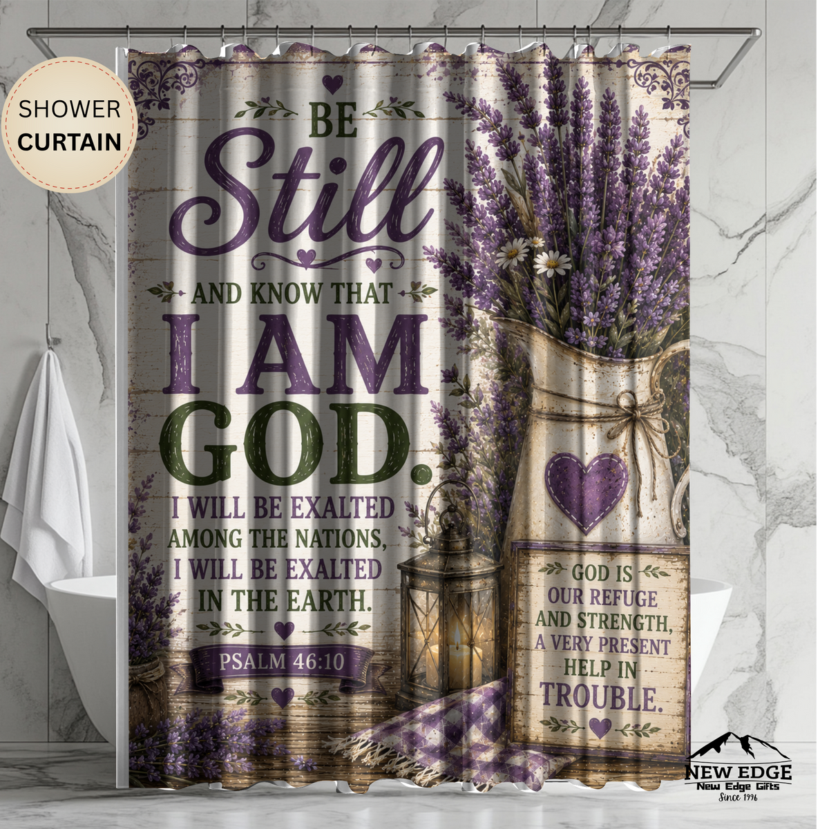 Be Still and Know Christian Shower Curtain Psalm 46 10 Lavender Farmhouse Faith Bathroom Decor