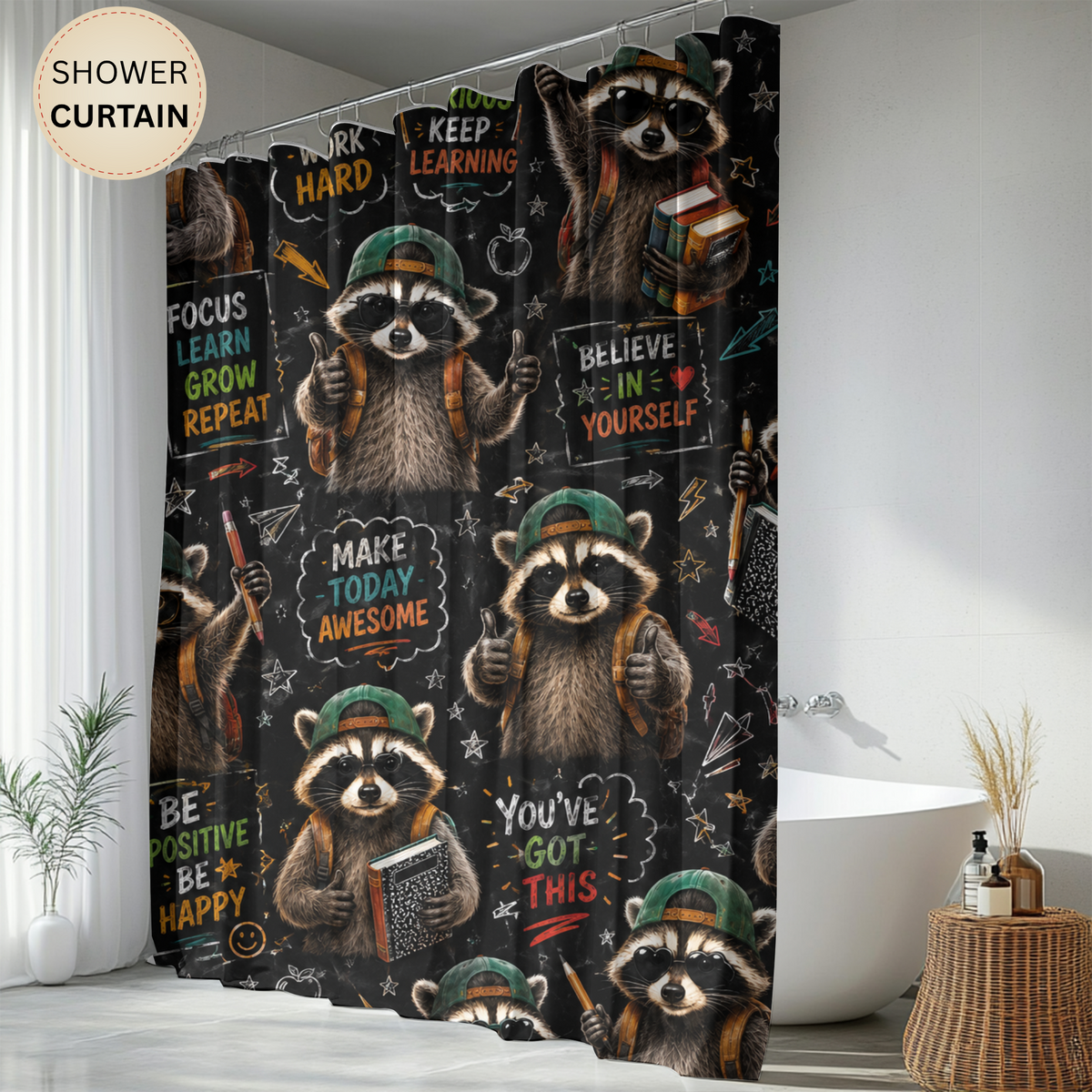 Back to School Raccoon Shower Curtain Cute Chalkboard Classroom Design Motivational School Bathroom Decor Teacher Gift