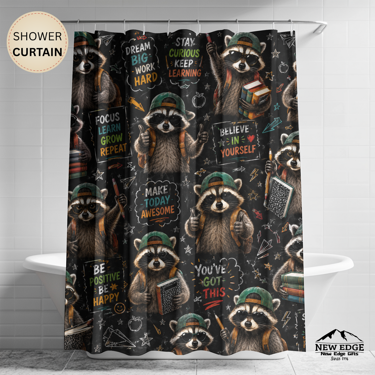 Back to School Raccoon Shower Curtain Cute Chalkboard Classroom Design Motivational School Bathroom Decor Teacher Gift