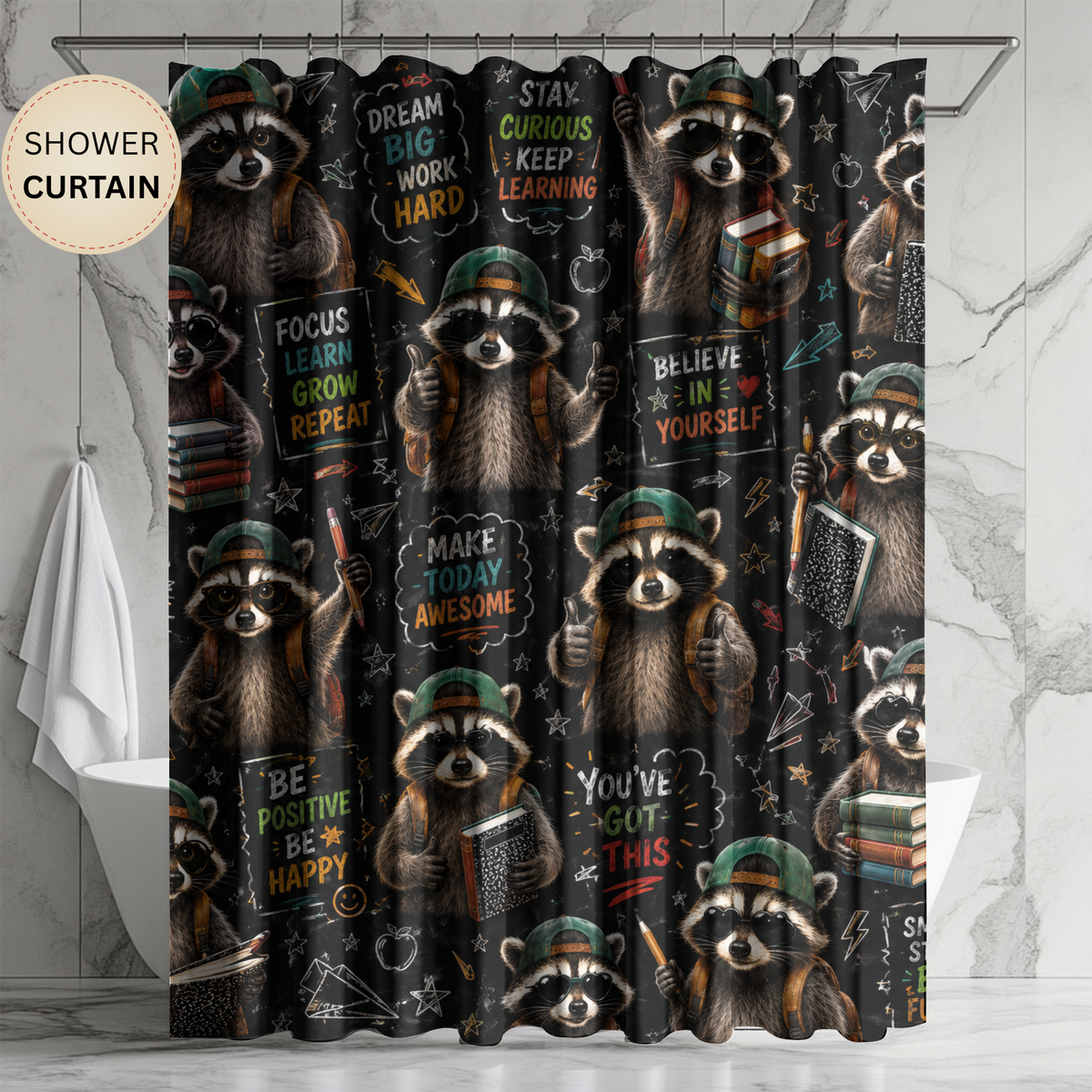 Back to School Raccoon Shower Curtain Cute Chalkboard Classroom Design Motivational School Bathroom Decor Teacher Gift