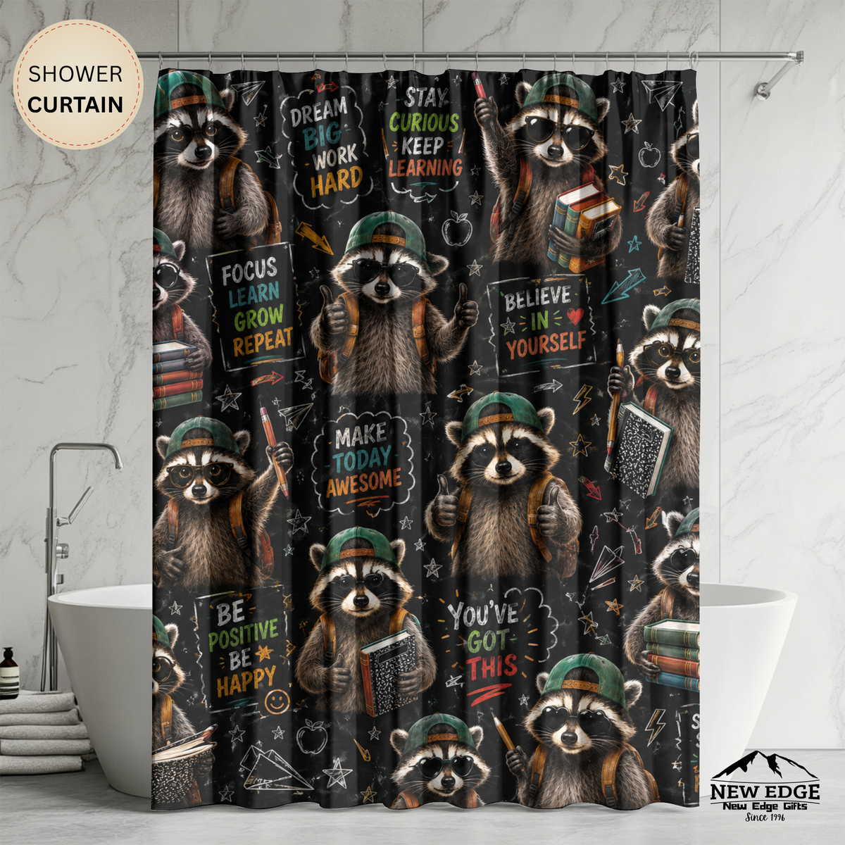 Back to School Raccoon Shower Curtain Cute Chalkboard Classroom Design Motivational School Bathroom Decor Teacher Gift