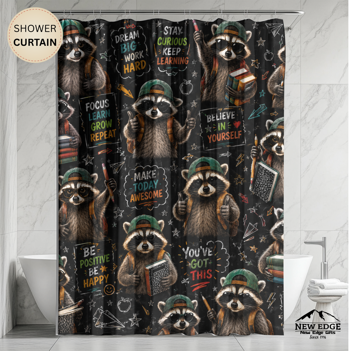 Back to School Raccoon Shower Curtain Cute Chalkboard Classroom Design Motivational School Bathroom Decor Teacher Gift