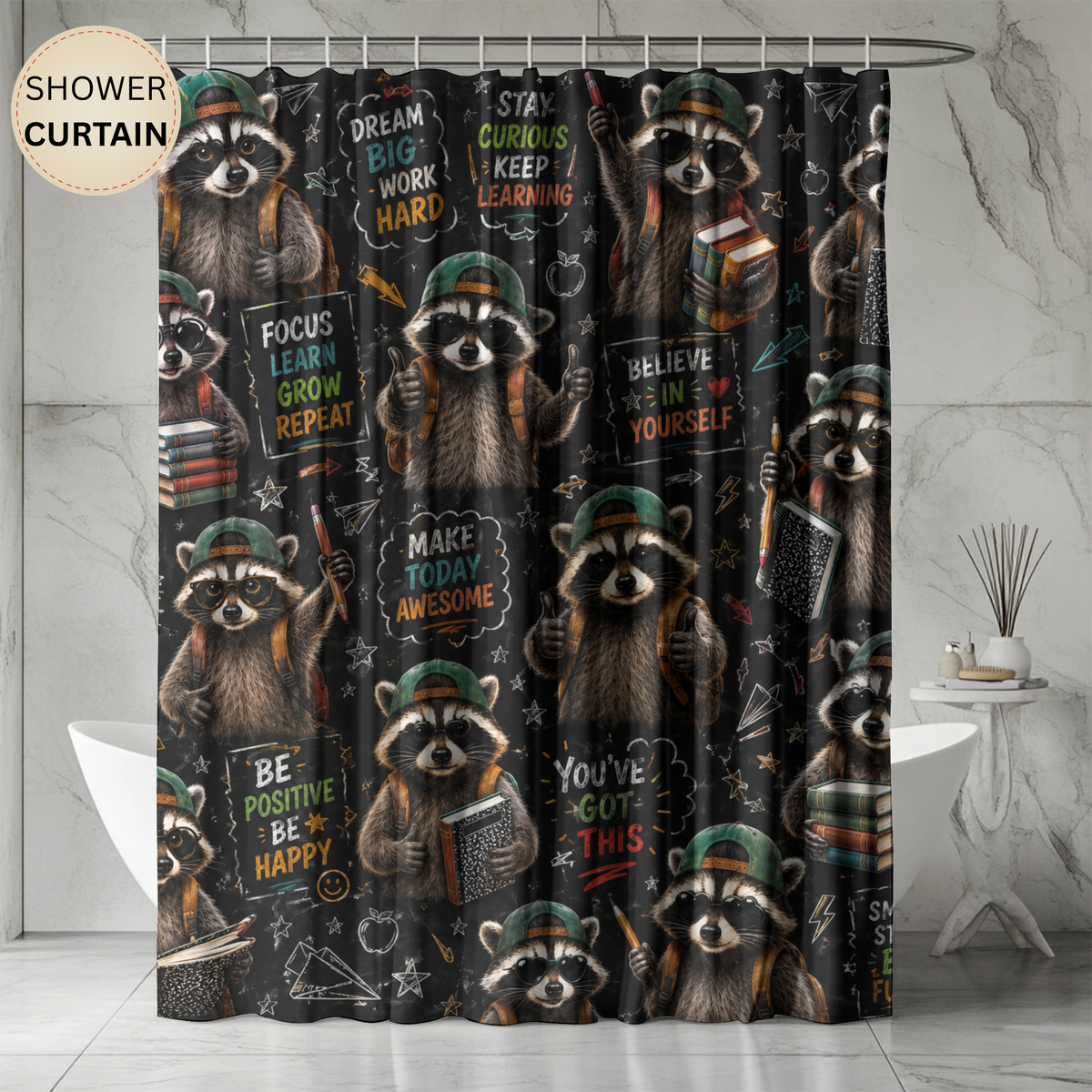 Back to School Raccoon Shower Curtain Cute Chalkboard Classroom Design Motivational School Bathroom Decor Teacher Gift