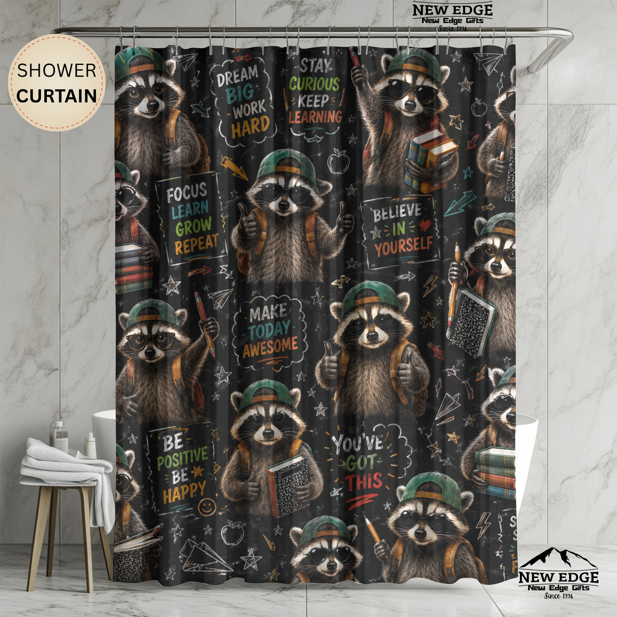 Back to School Raccoon Shower Curtain Cute Chalkboard Classroom Design Motivational School Bathroom Decor Teacher Gift
