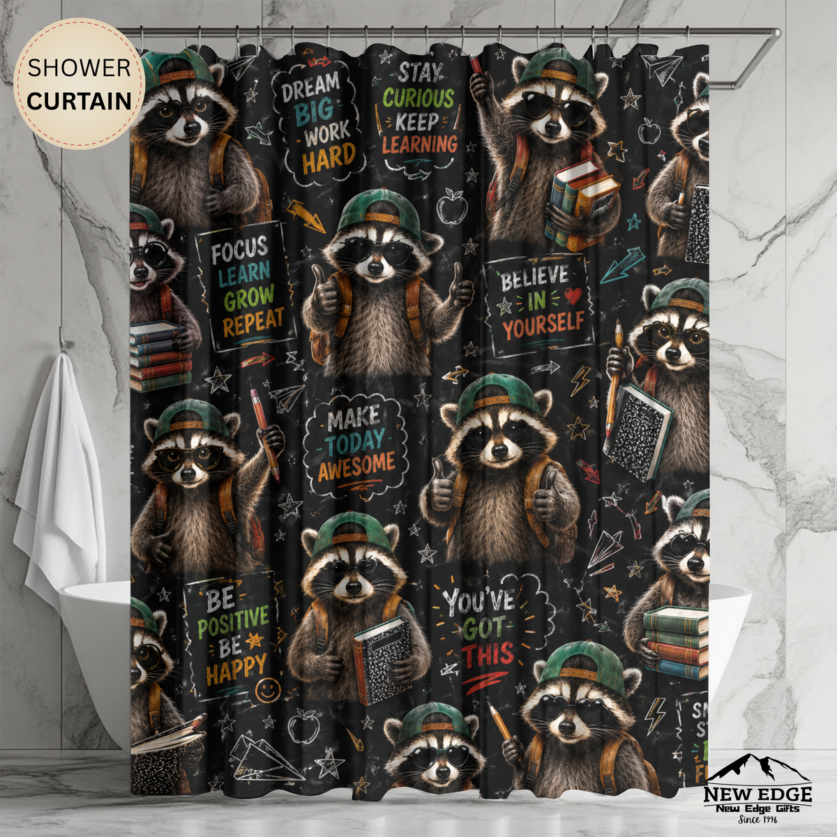 Back to School Raccoon Shower Curtain Cute Chalkboard Classroom Design Motivational School Bathroom Decor Teacher Gift
