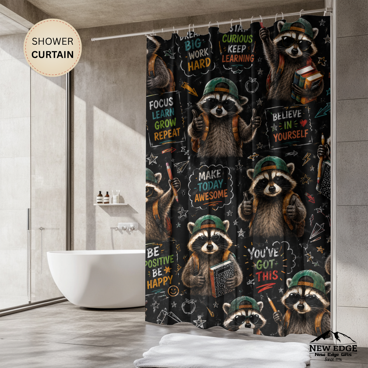 Back to School Raccoon Shower Curtain Cute Chalkboard Classroom Design Motivational School Bathroom Decor Teacher Gift